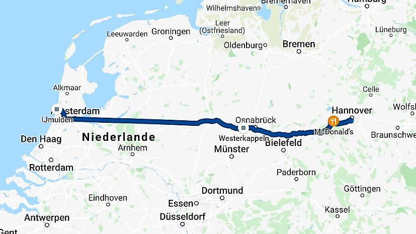 Google Standortverlauf von der Fahrt von Hannover bis Amsterdam.